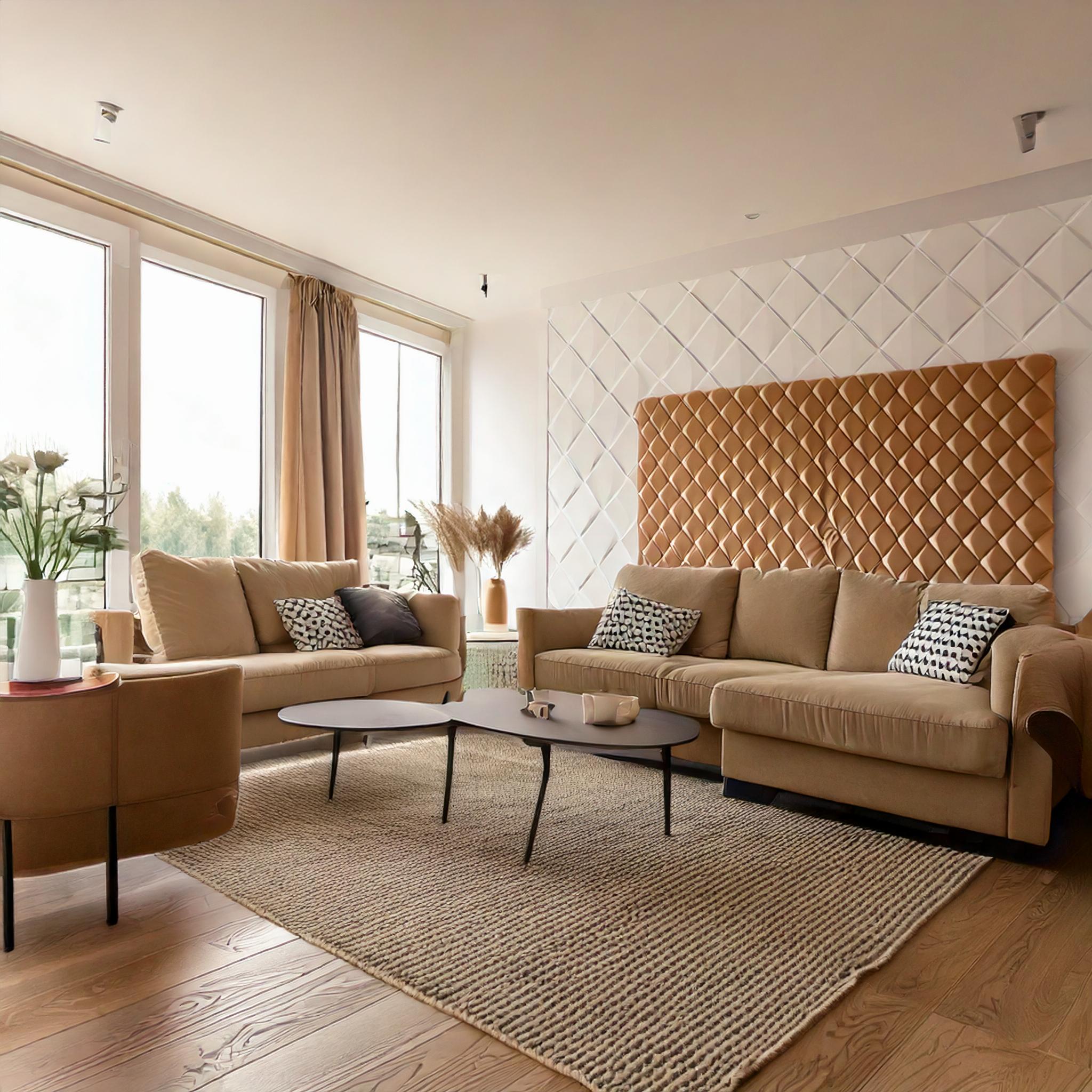 Modernes Wohnzimmer mit beigen Sofas und Kissen.